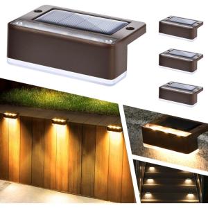 imageSOLPEX Solar Fence Lights 6 LEDs Solar Lights Outdoor Waterproof Solar Powered for Deck Stair Front Porch Balcony Walkway Garden Yard Patio Pool Decor IP65 Waterproof 4 Pack Warm WhiteBrown